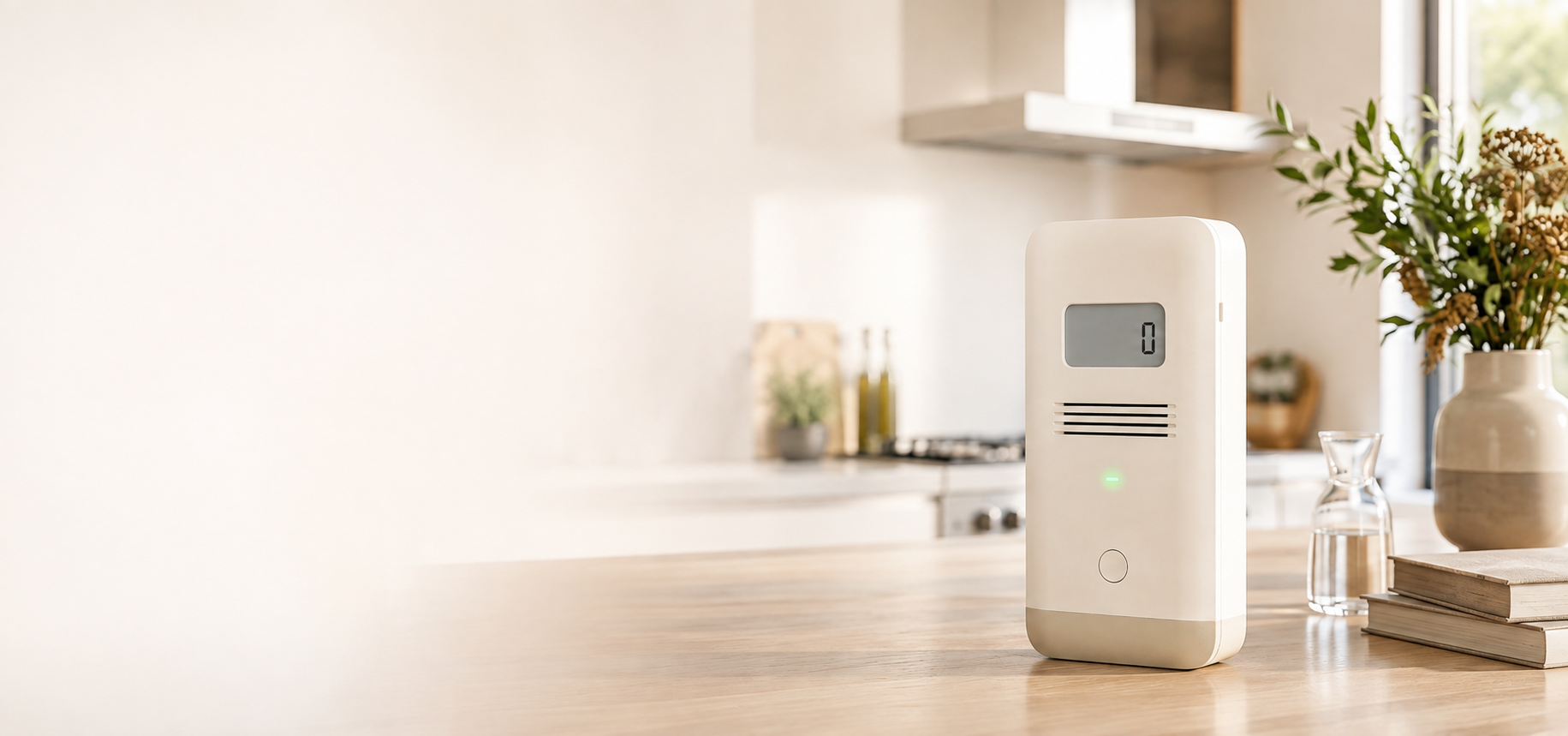 Smart home air and alcohol detector with digital display in a modern kitchen